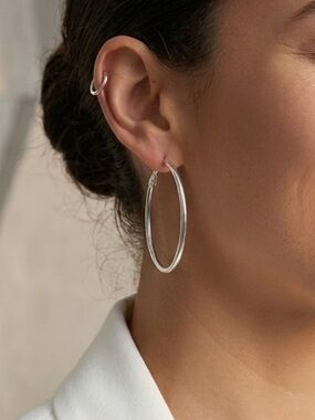 Classic Silver Tone Hoop Earrings (4 cm) Platinum Plated | Minimalist Jewelry